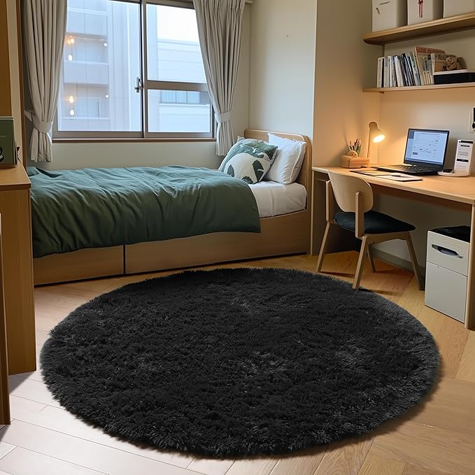 ONASAR Black Round Area Rugs 5ft, Soft Bedroom Circle Rug Floor Mats for Kids Girls Boys Teen Room, Fluffy Plush Shaggy Carpet for Baby Nursery Living Room Playroom Dorm Home Decor