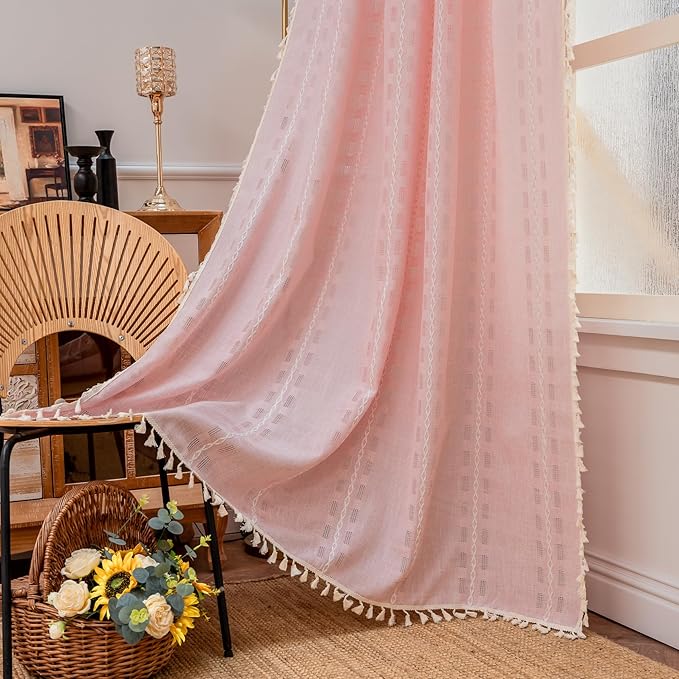 Deeprove Blush Pink Boho Curtain 72 inches Long for Living Room Bedroom Kitchen, Retro Bohemian Sheer Linen 72 inches Length 6 FT Striped Embroidery Privacy Window Tassel Decor W52 x L72, 1 Panel