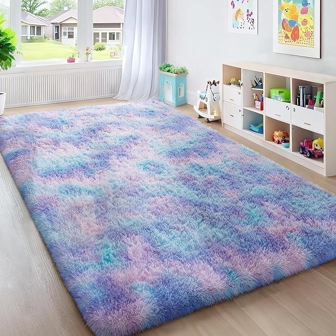 Ophanie Rainbow Purple Mermaid Rugs for Living Room 5x8, Kids Fluffy Shag Fuzzy Plush Soft Carpets, Floor Shaggy Area Rugs for Bedroom, Carpet for Kids Girls Dorm Nursery Home Decor Aesthetic