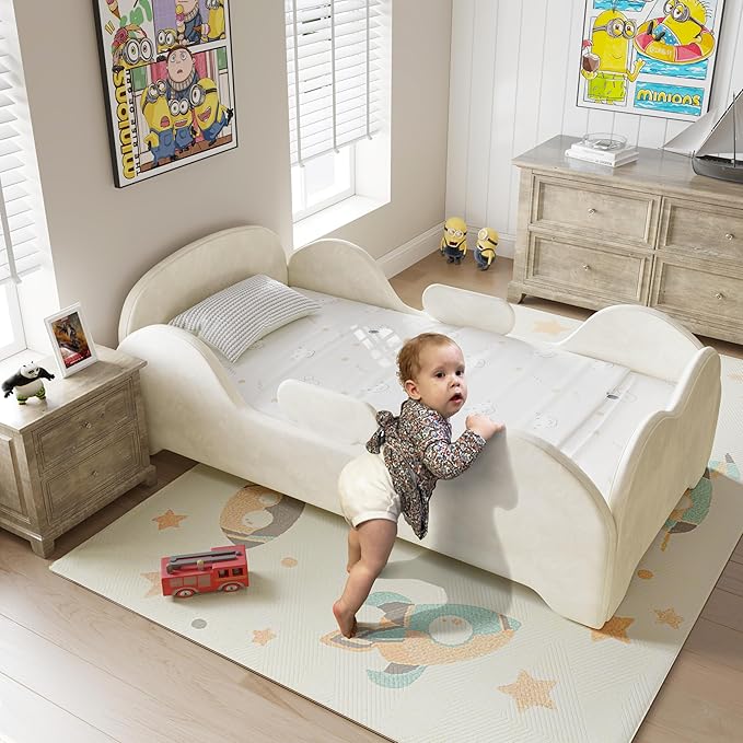 Toddler Bed, Toddler Flood Bed with Extra Safety Broad, Standard Crib Size Small Beds for Kids, Certified Fabric, Low to Floor Design
