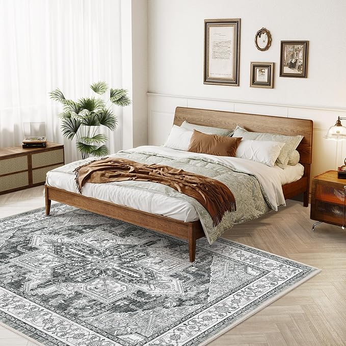 WITSHOCK Living Room Area Rugs 8x10: Washable Rug Boho Soft Non-Slip Low Pile Stain Resistant Foldable Carpet for Bedroom Playroom Dining Room Office Kitchen Farmhouse Home Decor Rug-Gray