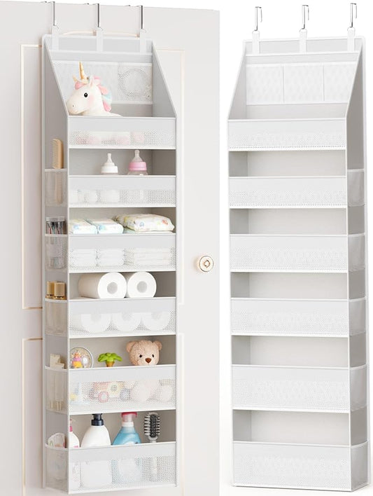 Criusia Over The Door Organizer, Heavy-Duty 6-Shelf Hanging Storage with 13 Mesh Pockets, 55lbs Capacity Behind The Door Storage for Nursery, Bathroom, Bedroom, and Dorm, White