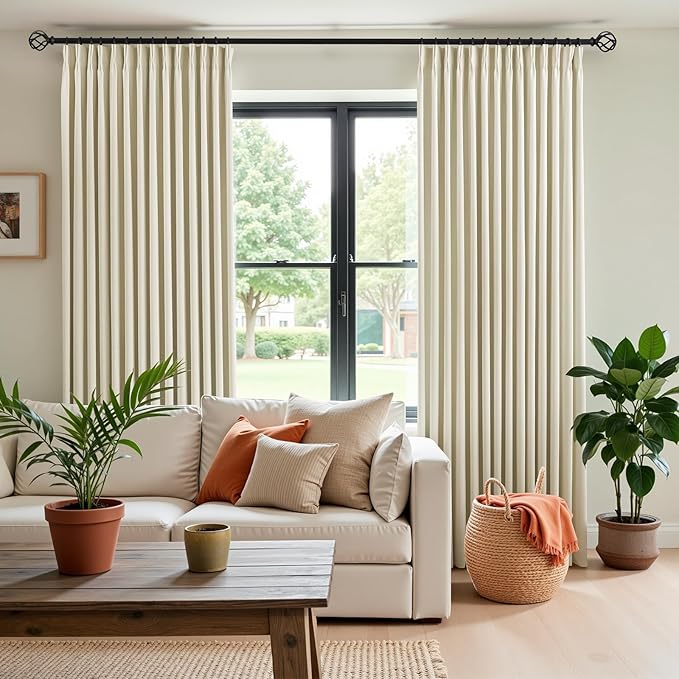 IVAPUPU Cream Beige Pinch Pleated Full Blackout Linen Curtains for Bedroom, Black Out Curtains 108 Inches Long for Living Room Darkening Thermal Insulated Neutral Pleat Drapes with 16 Hooks, 2 Panels