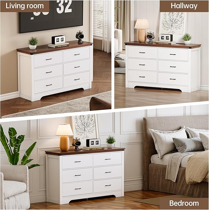 Farmhouse 6 Drawer Dresser for Bedroom, 51" Wide Chest of Drawers, Wooden Dresser Tv Stand, Storage Dressers Organizer for Bedroom, Living Room, Hallway, White