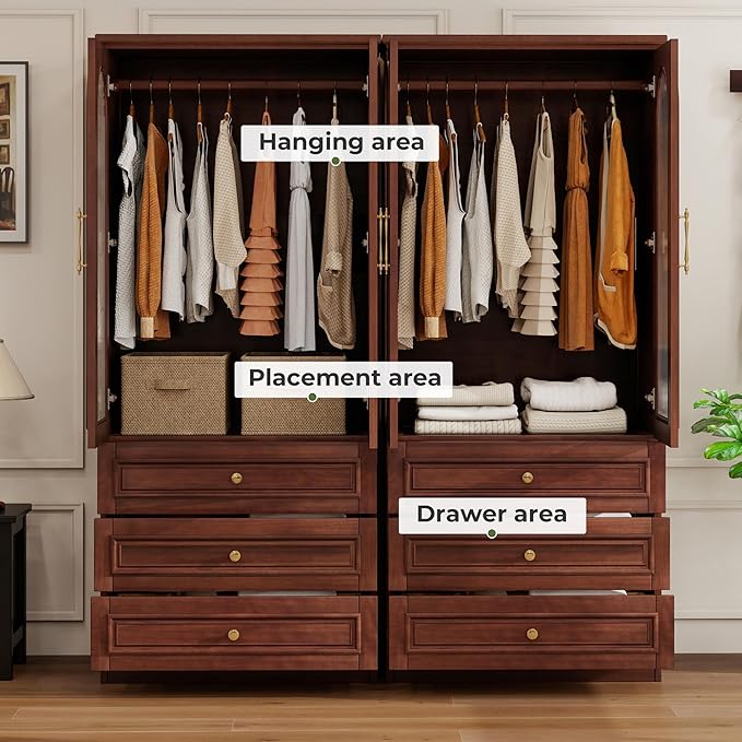 Solid Wood Wardrobe Closet:TemkTuek 70.87" Large Armoire,Clothing Storage Cabinet with Drawers,Mirror,Doors,Hanging Railsand Shelves,Vintage Freestanding,Bedroom,Cherry Finish(21-21)