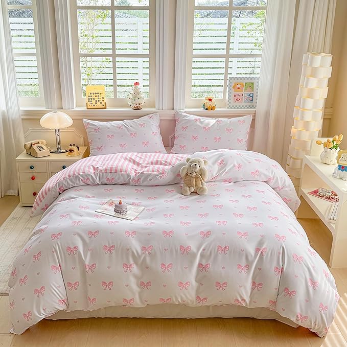Heart Duvet Cover King Size Pink Bow Bedding Set Girls Kawaii Love Heart Printed Comforter Cover 3 Pieces Ultra Soft Washed Microfiber with Zipper Closure