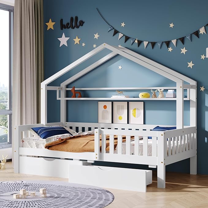 Aoowow Twin Size House Bed with Storage Drawers and Shelf,Kids Wooden Bed Frame Twin Platform Bed with Slats and Fence for Boys Girls Teens for Bedroom(White)