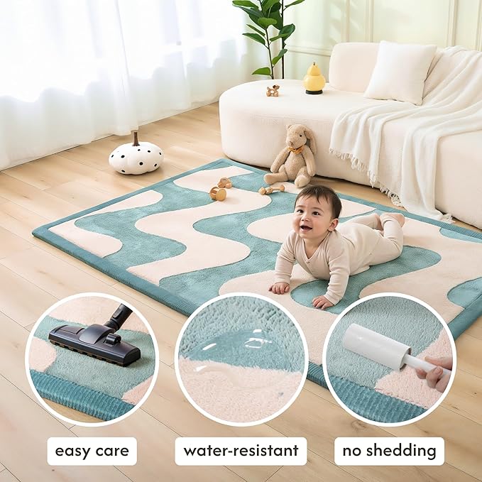 Stylish Coral Baby Play Mat for Floor 47" x 67" Waves – Soft 1" Thick High-Density Memory Foam Nursery Rug,Kids Rug with Non-Slip Backing for Crawling & Playing, Playroom Rug, Kids Carpet