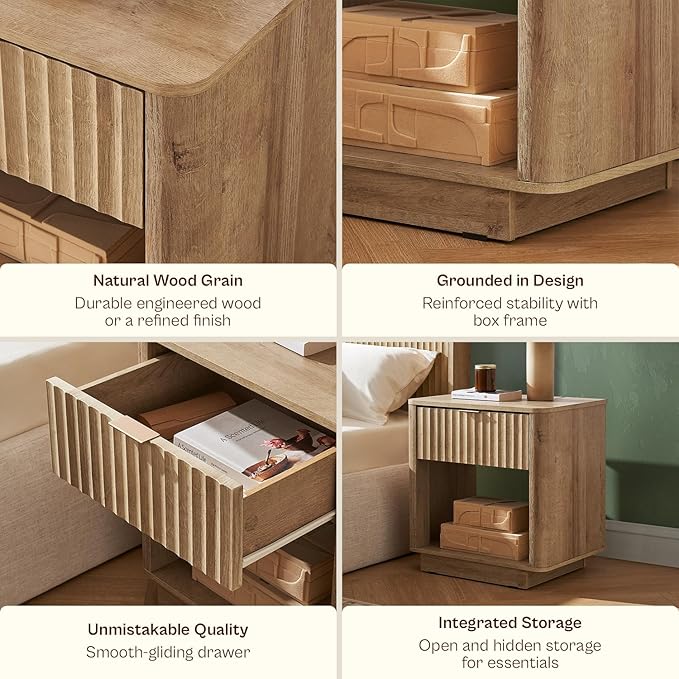 mopio Brooklyn Fluted Nightstand, Modern Farmhouse Nightstand, Small Side, Wood Bedside Table with Drawer, End Table with Storage, Fluted Night Stand, Curved Profile (Golden Oak, Set of 2)