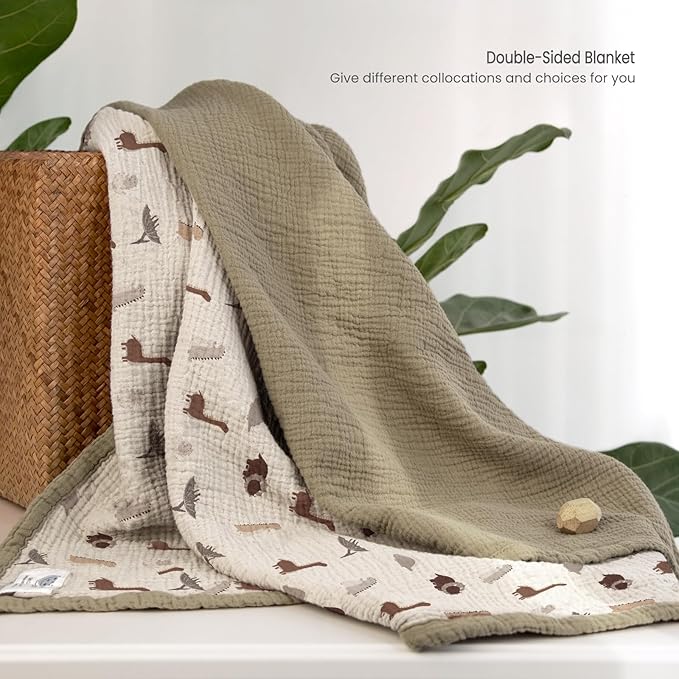 lulumoon Muslin Baby Blanket - Cotton Quilt Blankets for Toddlers - Reversible Nursery Crib Blanket for Baby Boys and Girls 47"x47"(Olive Dinosaur)