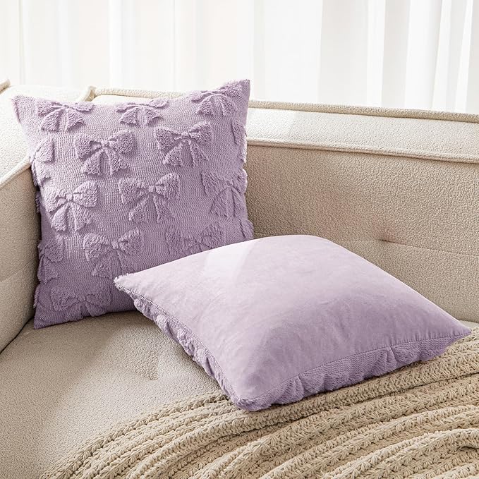 MIULEE Light Purple Bow Pillow Covers Coquette Room Decor Aesthetic Set of 2 Decorative Cute Girl Throw Pillow Soft Plush Faux Pillowcase for Girl Bed Couch Sofa,20x20 Inch