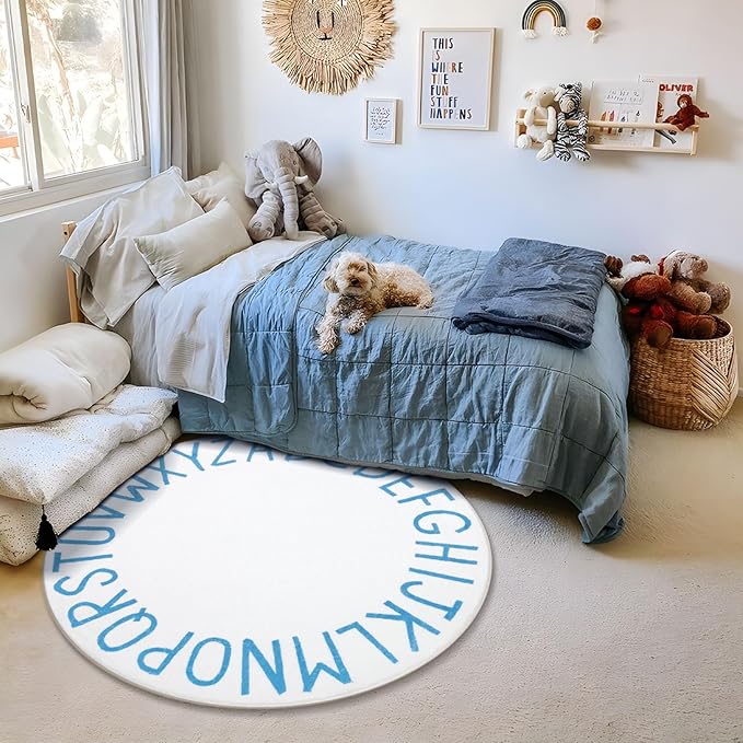 Topotdor Round Kids Play Rug Alphabet Nursery Area Rug Extra Large Soft Crawling Play Mat for Children Toddlers Bedroom (47 inch, Sky Blue/White)