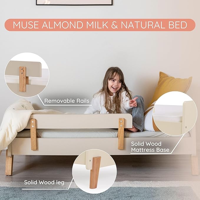 dadada Muse Toddler Bed with 2 Removable Safety Rails. Montessori Bed for Kids. Sturdy Solid Wood Frame, Fits Standard Crib Mattress, Easy to Assemble, Toddler Bed for Boys & Girls - Almond Milk