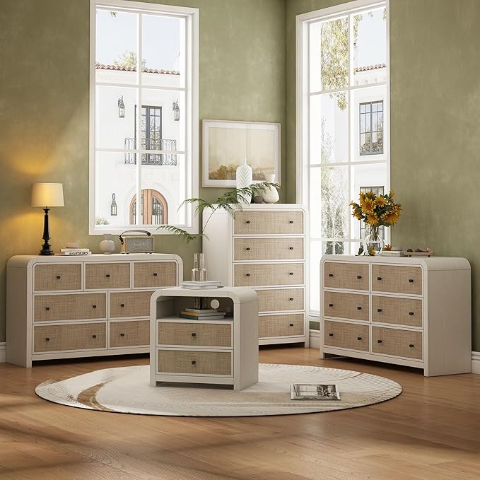 Oak&Sparrow 7 Drawer Dresser for Bedroom, 49'' Rattan Dresser with Ample Storage, Boho Chest of Drawers, Thickened Curved Profile Design, Oak Dressers for Bedroom, Living Room