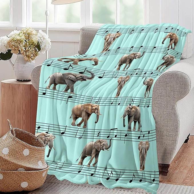 Elephant Blanket Musical Notes Decor Throw Blanket Super Soft Flannel Lightweight Fluffy Plush Fuzzy Fleece Blanket Gifts for Girl Woman Boys Kids Adults Man for Bed Sofa 40"X50"