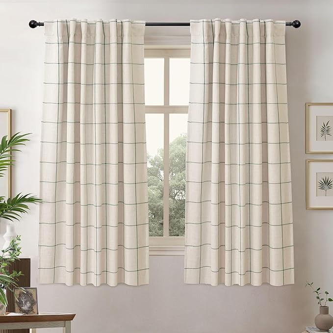 DriftAway 2 Panels 100% Blackout Windowpane Plaid Linen Curtains Double Layer Drapes for Bedroom 63 Inches Long Farmhouse Thermal Insulated 3.25 Inch Rod Pocket Back Tab for Living Room Loden Green