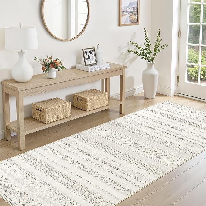 Area Rugs for Living Room Washable Living Room Rug Soft Neutral Indoor Floor Carpet Non-Slip Stain Resistant Modern Boho Rugs for Bedroom Dining Room Kids Room Nursery Office Home Brown/Cream