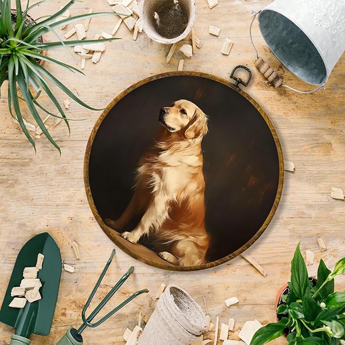 Hiuwevt Vintage Golden Retriever Round Wall Art Decor, Golden Retriever Gifts Framed Canvas Prints, Moody Farmhouse Dog Round Wall Hanging Decor for Bedroom Living Room Decorations, 10x10 Inches