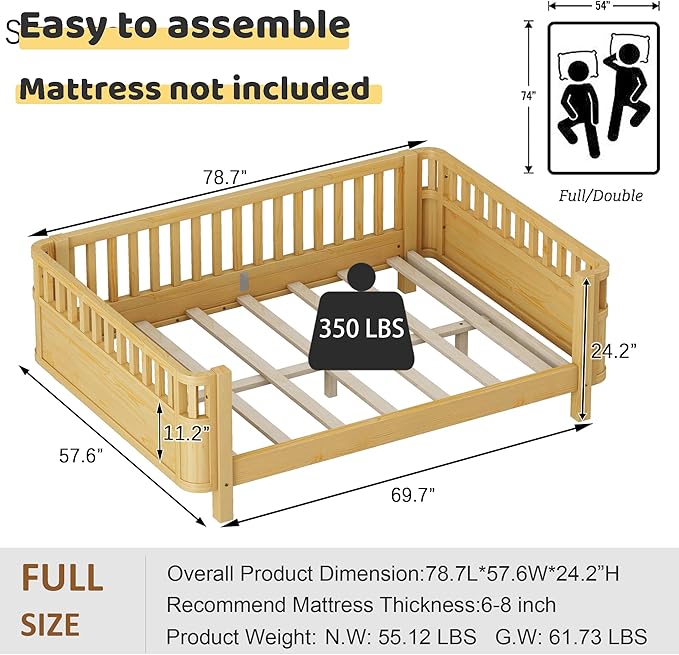 Full Size Bed Frame Kids with Rails, Wood Montessori Bed Full with Slats Support, Modern Daybed Low to Ground with Removable Bed Rails for Girls Boys Bedroom Living Room, Natural