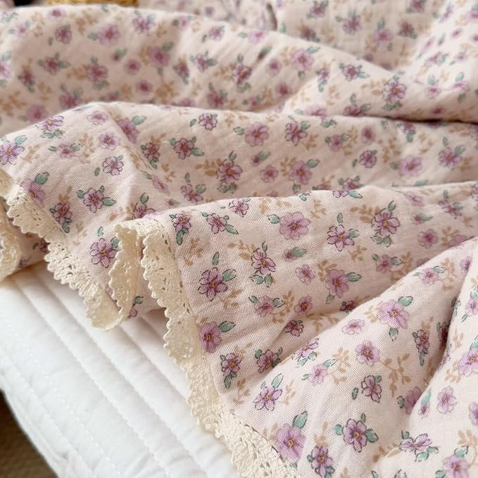 BuLuTu 2 Layers Muslin Cotton Blanket Quilt for Twin Bed, Elegant Chic Purple Flower Pattern Girls Boys Blankets Soft Breathable Summer Comforter for Kids Children, 60x78 Inches