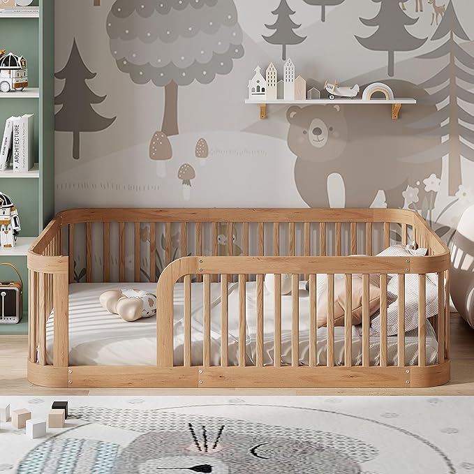 Full Size Floor Bed with Fence for Boys Girls, Solid Wood Natural Bed Frame, Natural