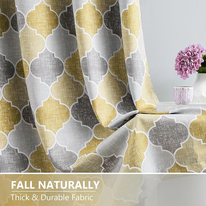 Gray Yellow Full Blackout Curtains 84 Inches Long for Living Room Bedroom Moroccan Geo Print Window Treatments Panels Thermal Insulated Privacy Grommet Top Lined Drapes, 52x84, 2 Panels