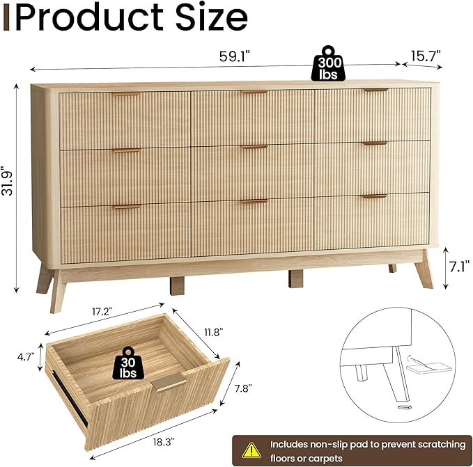 SUNWAVE 9 Drawer Dresser for Bedroom, 59.1" Large Fluted Dresser with Round Corner, Modern Dressers Wood Chest of Drawer for Living Room