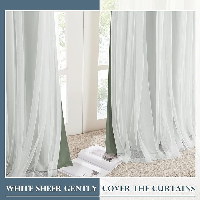 PONY DANCE Living Room Curtains 84 Inch Length - Sheer Overlay Blackout Curtains, 52 inches Wide, Window Treatment Panels, Cortinas De Sala Elegantes (Sage Green, Set of 2, with Extra Tie-Backs)