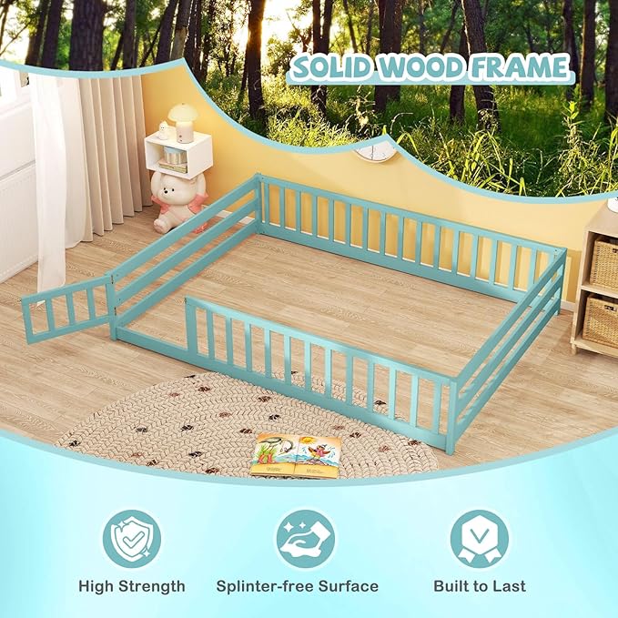 Giantex Full Floor Bed with Door & Fence, Kids Wood Montessori Beds with Safety Guardrails, Floor Bed Twin for Kids, Boys, Girls, No Box Spring Needed, ICY Aqua