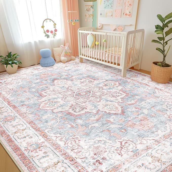 Machine Washable Rugs Nursery Rug 8x10 Cute Girl Non Slip Low Pile Water Repellent Soft Print Pattern for Bedroom Indoor Decor Kids Playroom Pinkblue