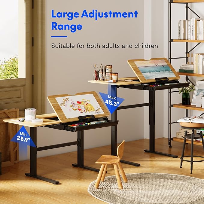 FLEXISPOT Electric Drafting Table Adjustable Height 47.2"x23.6" Standing Drawing Desk Extendable Top Craft Workstation w/Tilting Tabletop, Storage Drawer for Study, Office, Studio, Art, Adult & Kid