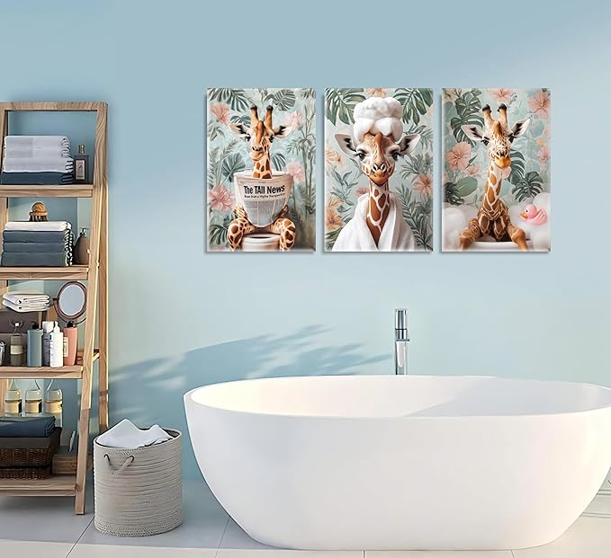 3Pcs Funny Animal Bathroom Canvas Wall Art Giraffe Reading Newspaper on Toilet Painting Picture Wall Decor Eclectic Jungle Giraffe Bathrobe Bathtub Poster Print for Toilet Bathroom Home Decoration