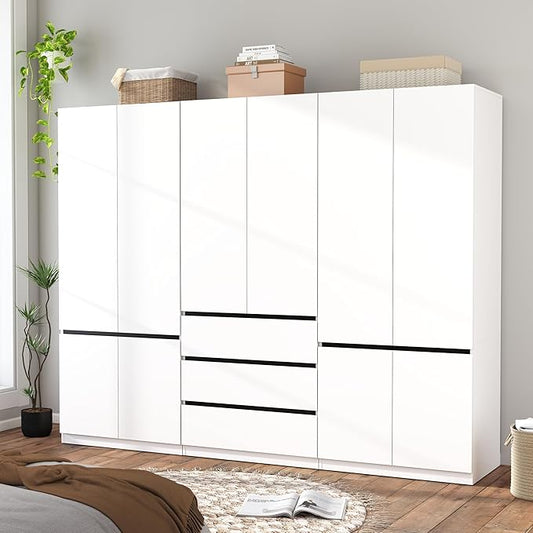 White Armoire Wardrobe Closet with 2 Doors, 75" Bedroom Wardrobe Closet for Hanging Clothes, Modern Wood Storage Closets Cabinet with System (C+B+C, 94.5")