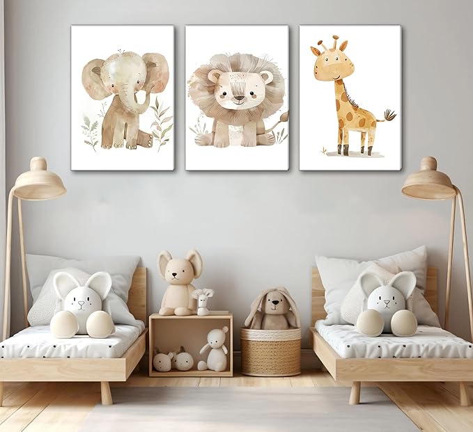 UNDDISINS 3 Pcs Animal Nursery Canvas Wall Art Watercolor Baby Animals Painting Picture Wall DecorCute Elephant Giraffe Lion Nursery Paintings Artwork for Kids Room Baby Girl Room Home Decoration
