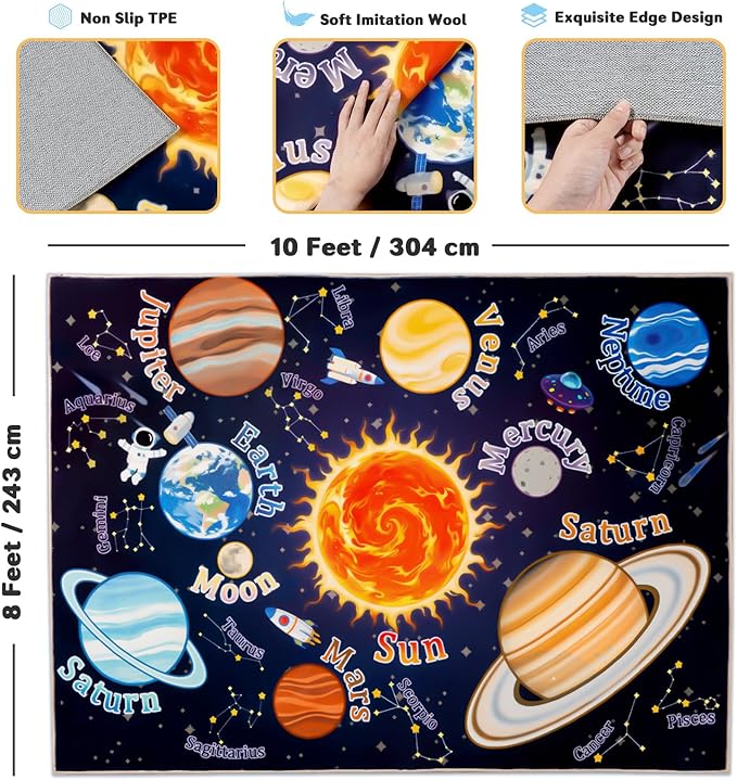 Kids Rugs for Playroom, 8x10 Feet Educational Rug for Learn The ABC Alphabet, Soft Machine Washable Non-Slip Cute Space Galaxy Carpet for Classroom Toddler Nursery Kids Room Decor Mat