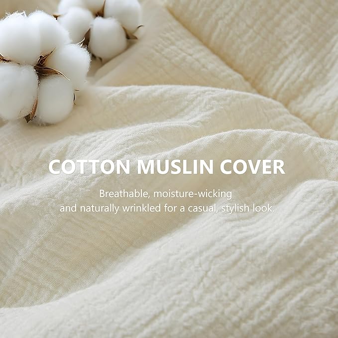 Simple&Opulence 100% Cotton Muslin Comforter Set Twin Size, 2PCS Washed Cotton Gauze Comforter, Soft Lightweight All Seasons Bedding Sets with 1 Pillow Sham(Cream,Twin)