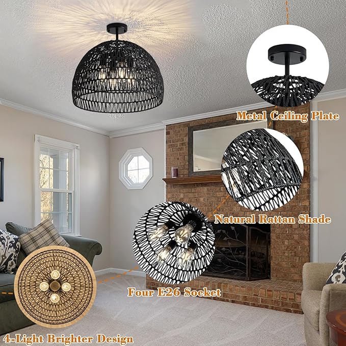 Rattan Ceiling Light Fixture, 4-Light Boho Semi Flush Mount Ceiling Light, 20" Wicker Light Fixture with Handmade Woven Cage Lampshade, Rattan Chandelier for Bedroom Hallway Nursery Kitchen Farmhouse