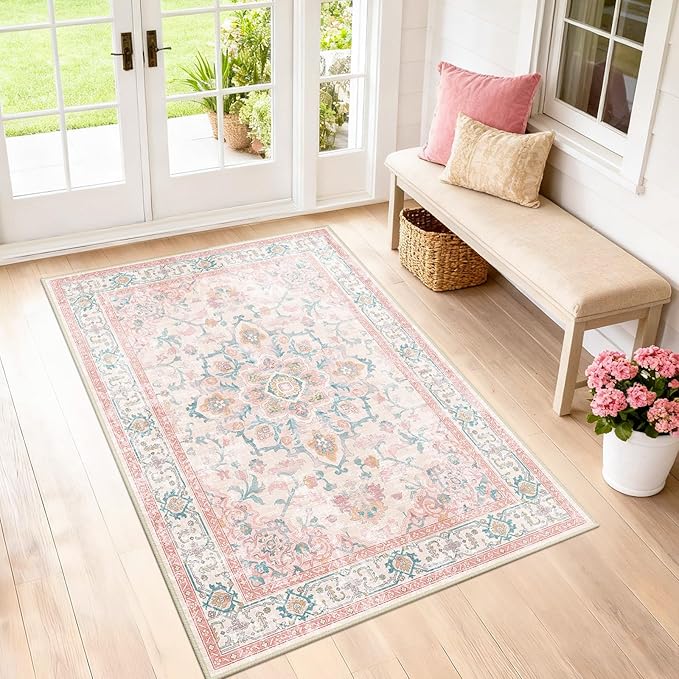 Machine Washable Rugs Nursery Rug 3x5 Cute Girl Non Slip Low Pile Water Repellent Soft Print Pattern for Bedroom Indoor Decor Kids Playroom Pinkteal