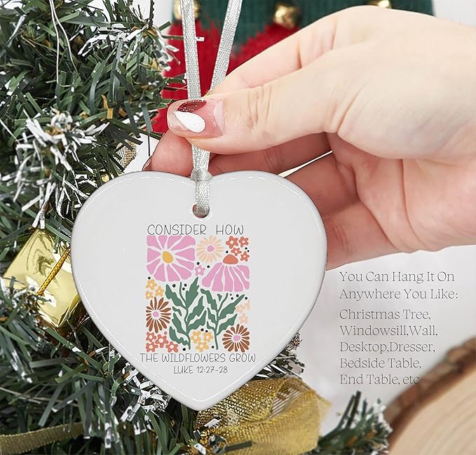 Heart Shaped Christmas Ornament-Christian Scripture Bible Verse Gift for Women Girls-Inspirational Affirmation Consider How The Wildflowers Grow Religious Ceramic Keepsake Decor