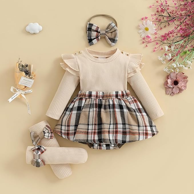 Giraropa Baby Girl Fall Winter Clothes Long Sleeve Romper Dress + Socks + Headband Newborn Infant Cute Casual Outfits