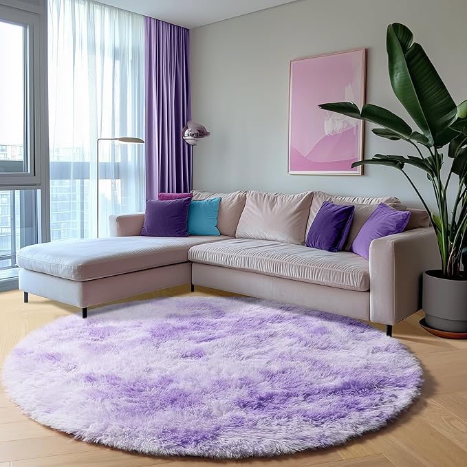 ONASAR Tie-Dyed Purple Round Area Rug 4ft, Soft Bedroom Circle Rugs Floor Mats for Kids Girls Teen Room, Kawaii Fluffy Plush Shaggy Carpet for Baby Nursery Living Room Playroom Home Decor
