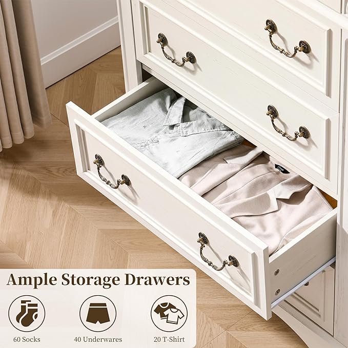 Dresser for Bedroom, 6 Drawers 48" Tall Dresser for Storage and Organization, White Farmhouse Chest of Drawers for Living Room, Closet, Hallway