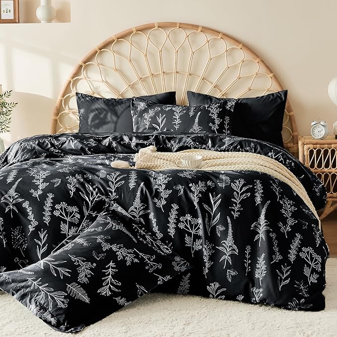 MUXHOMO Duvet Cover Queen Size, Reversible Floral Black Duvet Cover Set with Zipper Closure, 3 Pieces Botanical Patterns Soft Microfiber Bedding Set with 4 Ties (90"x90", 2 Pillow Cases)