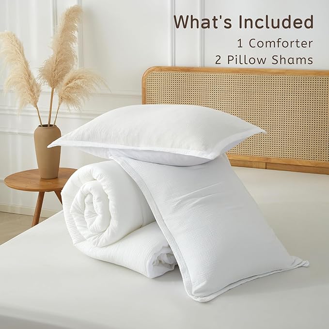 Muslin Comforter Set Queen Size, Cotton Cover & Polyester Filling, Breathable & Linen Like & Suitable for All-Season Use,3 Pieces(1 Comforter 90"x90", 2 Pillow Shams 20"x26"), White