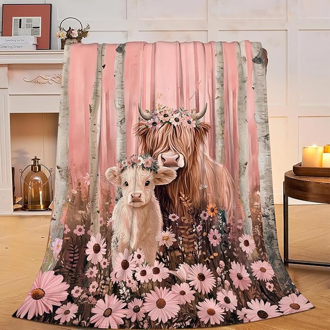 Highland Cow Blanket Pink Forest Cattle Daisy Decor Throw Blanket Super Soft Flannel Lightweight Fluffy Plush Fuzzy Fleece Blanket Gifts for Girl Woman Boys Kids Adults Man for Bed Sofa 40"X50"