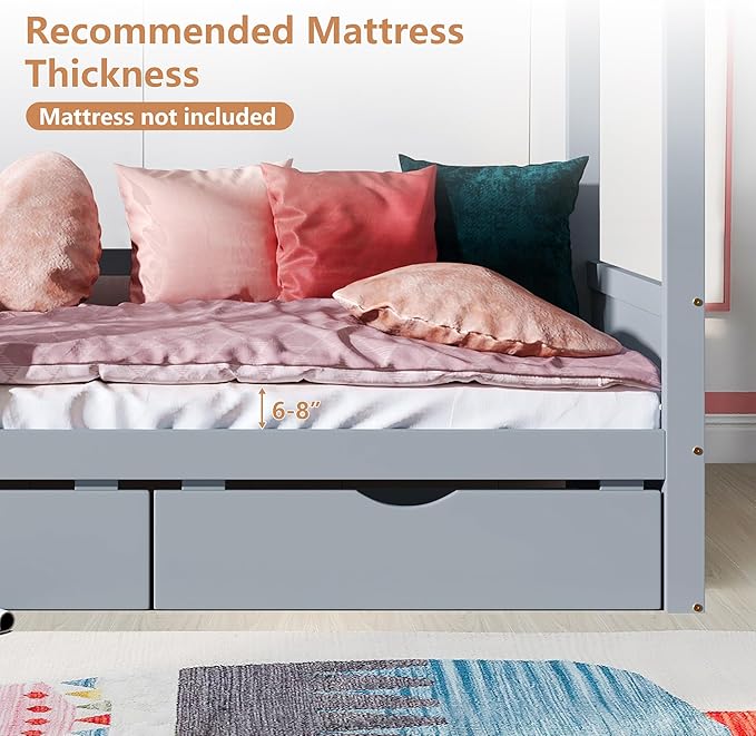Twin Size Kids House Bed with 2 Storage Drawers, Twin House Bed Frame with Roof and Window, Twin Bed Frames for Kids with Slats, Modern Wooden Montessori Bed for Bedroom, Grey
