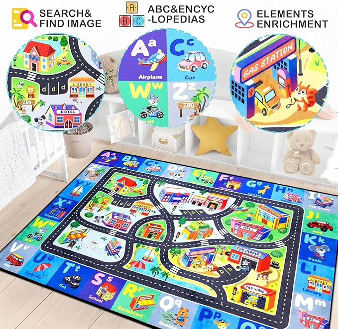 Educational ABC Rug for Children's Playroom - A 3x5 Feet Washable, Non-Slip Alphabet Mat. Classroom or Community Rug for Kids Learning Letters, Animals, and Shapes. Enhances Play Room Decor