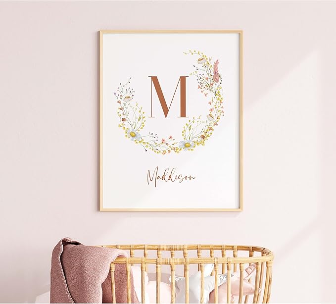 Personalized Name Flower Nursery Wall Art Prints, Crib & Nursery décor, Newborn Baby Girl Gift Present, Floral Baby Girl Room Pictures, Poster For Baby And Kids (1 Print, Flower 5)