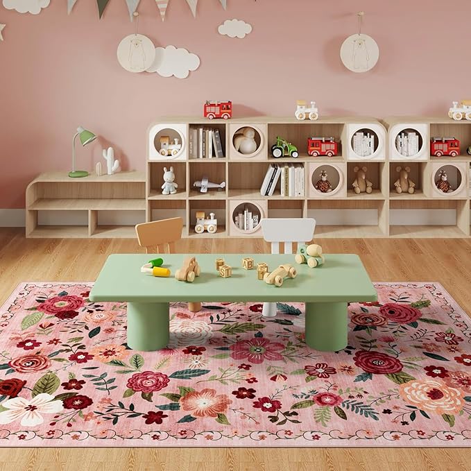 6x9 Washable Area Rug for Living Room, Floral Non-Slip Non-Shedding & Easy Care, Soft Low Pile Vintage Indoor Floor Carpet for Living Room, Bedroom, Farmhouse, Dining Room, Kids Playroom, Pink