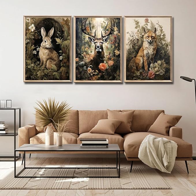 3pcs Vintage Forest Animal Canvas Wall Art Wild Animal Deer Rabbit Fox Paintings Pictures Dark Academia Wall Decor Gothic Botanical Posters Print Artwork for Living Room Office Decor 16x24in Unframed